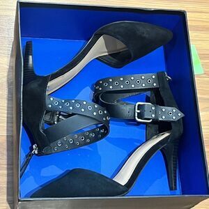 Joes Jeans Betty Ankle Strap Zip Back heels black suede studded leather size 7